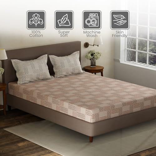 Image of Layers 100% Cotton Double Size Bedsheet Set | Beige Geometric Print | 120 TC Forever Collection | Soft & Breathable | Washable Bedsheet with 2 Pillow Covers | All Season