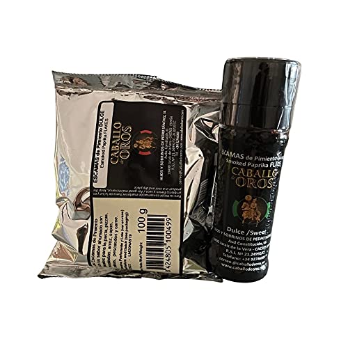 Escamas de pimiento ahumado Dulce, 24 gr en molinillo recargable y sobre de escamas Dulce de 100gr para el molinillo recargable Caballo de Oros