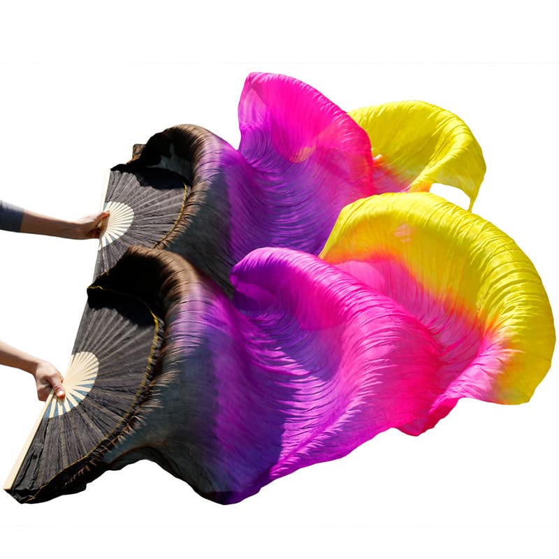 Belly Dance Faux Silk Veil Fans, 1 Pair (Left+Right) Faux Silk Bamboo Long Fans Veils, Handmade Belly Dance Dancing Silk Fans, Dance Performance