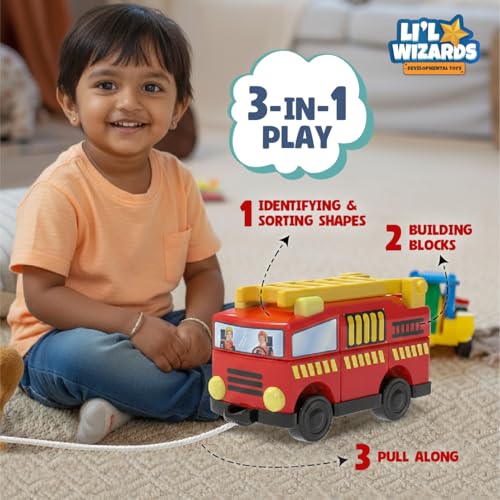 Image of Li'l Wizards Build Your Own Fire Truck Toy|Build Stack Play|Construction & Stacking Blocks for Kids|Shape Identification STEM Learning & Developmental Toy|Pull Along Vehicle|Gift for 2-5 Years Kids