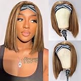 AISI Highlight Bob Headband Wig - Short Straight Bob,150% Density Brazilian, Human Hair,Ombre Brown Honey Blonde, Glueless, 10Inch