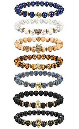 Thunaraz Mens Bead Bracelets Set Tiger/Lion/Dragon/Panther/Fox/Skull/Solider Charm Lava Rock Bracelet for Men Women 8MM