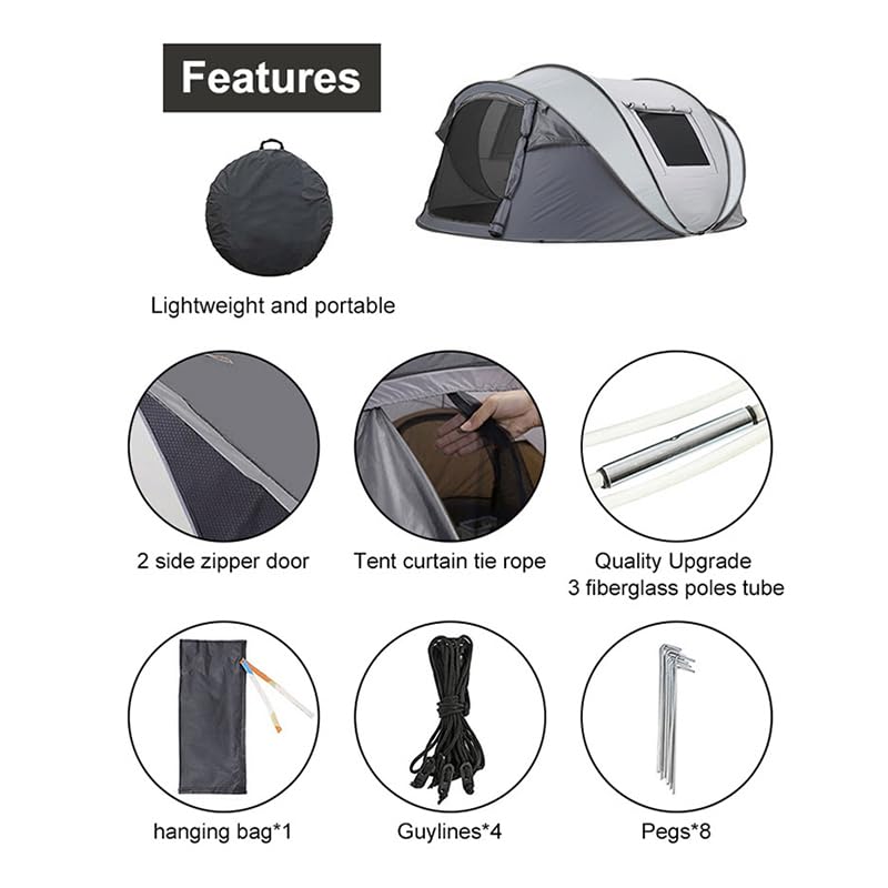 Instant pop-up campingtent, 4-5 personententen, automatische opstellingstent in 3 seconden, waterdichte zonnescherm familietenten, draagbare lichtgewicht koepeltent voor buiten kamperen, wandelen