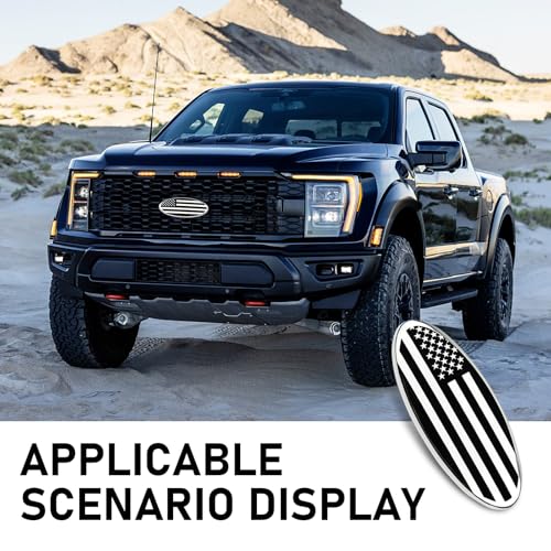 Image of Pack-2 Car Front Grille Badge Decoration, 9 inch x 3.5 inch ABS Base + Metal Rust-Proof American Flag Patriotic Personalized Label, Self-Adhesive Accessory, Compatible with Ford F150 F250 (Silver)