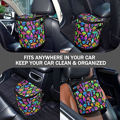 Image of Colorful Mushrooms Rainbow Star Car Trash Can Car Garbage Bag with Lid Hanging Waterproof Leak Proof Vehicle Storage Bin