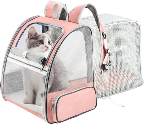 Image of Cat Backpack Carrier, Breathable Cat Carrier Pet Backpack for Kitty Small Dog Up to 15Lbs, Transparent & Foldable Pet Carrier for Travel Hiking (Expendable Pink, L)