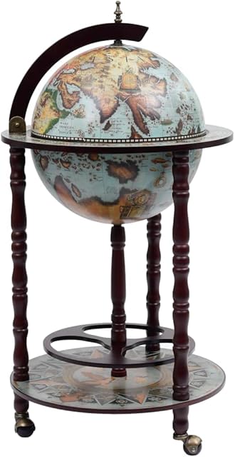 vidaXL Wooden Globe Bar Wine Stand Liquor Beverage Bottle Glass Storage Shelf Rack Drink Cabinet Holder Unit Home Office Eucalyptus Blue