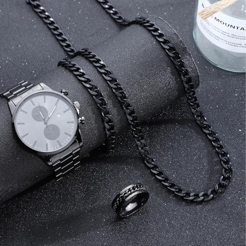 NEWITIN 4 Pieces Black Jewelry Set for Men Stainless Steel Watch Necklace Bracelet Ring Fashion Black Wristwatch Cuban Link Chain Cuban Jewelry Set for Men - Image 4