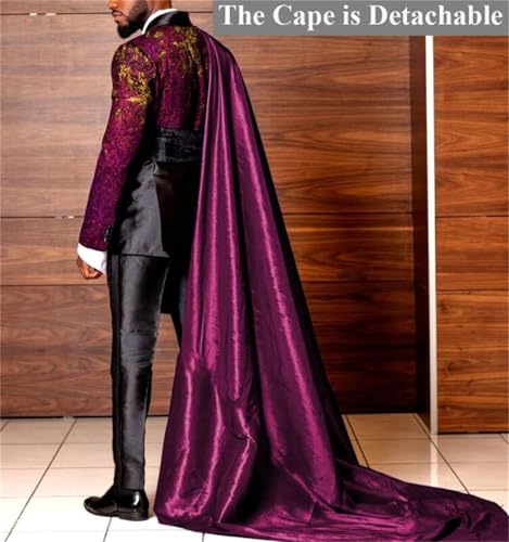 Mens 3 Pieces Royal Blue Tuxedo Set Slim Fit Prom Graduation Party Jacquard Jacket Pants with Removable Satin Cape3