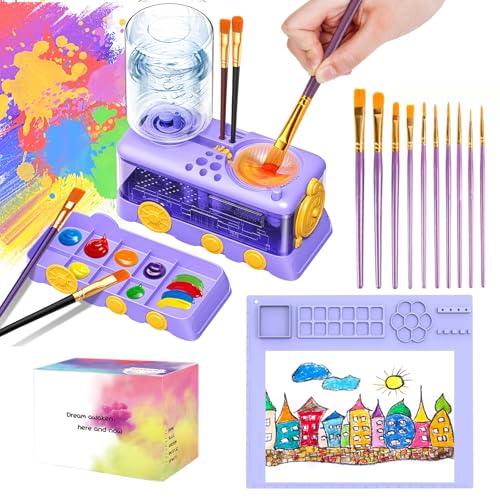 Velachuan Paint Brush Cleaning Kit for Kids with 5 Brushes, Art Smock, Washable Mat, Guidebook, Spiral Brush Cleaner Jar for Watercolor(Purple)