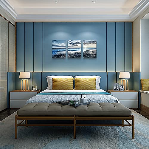 Canvas Wall Art for Living Room & Bedroom - Blue Beach Wall Pictures - Sun & Ocean Paintings - Office Wall Decoration - Seascape Poster Art Prints - Large Size - 20" X 28" - 3 Piece