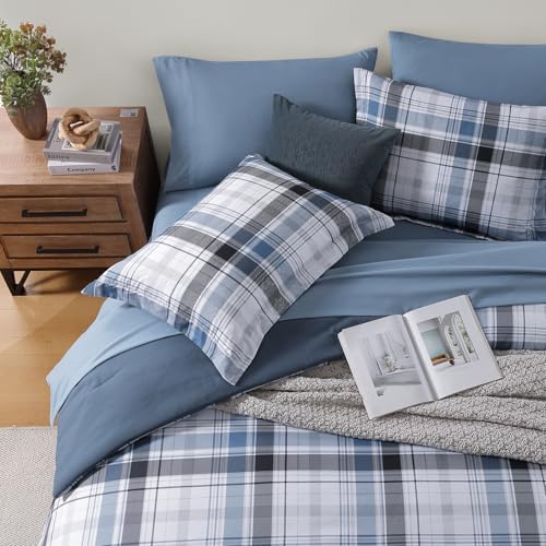 Image of MaiReve Full Size Plaid Comforter Set Lake Blue, Classic 7 Pieces Farmhouse Bedding Set, All Season Lightweight Bed in A Bag with Sheets, Pillowcases & Shams