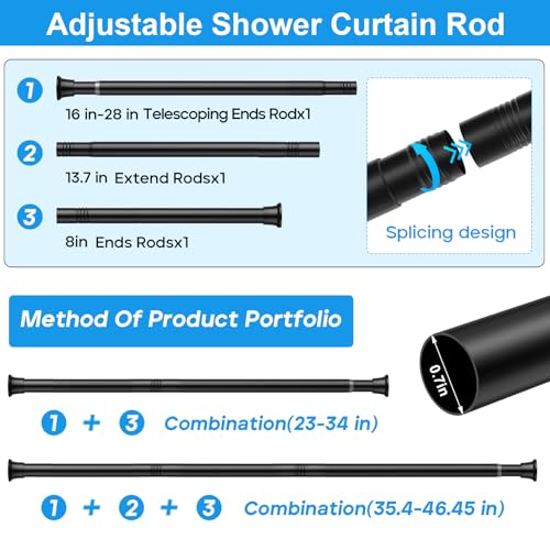 Image of MEXAU 1 Pack Spring Tension Curtain Rods 24-46In Black Shower Curtain Rod | Adjustable Spring Tension Rods No Drilling for Window Closet Kitchen Wardrobe Bathroom, Non Slip Tension Rods ,7 /8 inch Diameter