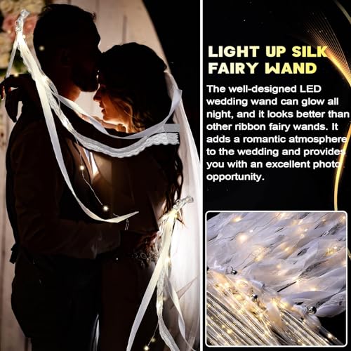 Unittype Wedding Wands Ribbon Streamers with Bells LED Fairy Light up Silk Fairy Wand Glow in The Dark Flashing Lace Stick for Wedding Birthday Party Favors (Ivory & Warm White LED,24 Pieces)