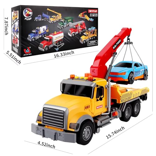 Image of Dwi Dowellin Kids Toys for 3 4 5 6 7 Years Old Boys, 15 inch Large Tow Truck Toy,Friction Powered Transport Truck Crane Toy with Lights and Sounds,with Roadster,Toddlers Gifts