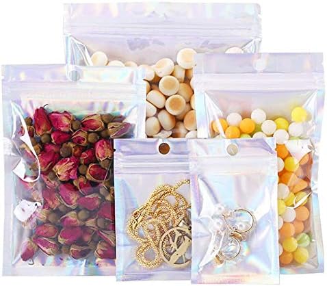200 Pcs Holographic Color Foil Pouch Bag, 4 Sizes Reusable Colorful Mylar Foil Bag Resealable Aluminum Zip Lock Bags Mylar Foil Bag for Candy Nuts Cookies