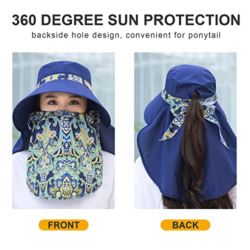 Image of Women Wide Brim Face Mask Sun Hat Detachable Neck Face Flap Ponytail UV Protection Visor Hat Garden Fishing Hiking