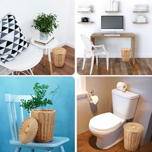 Image of Maxcheck 2 Pcs Wicker Trash Can with 100 Plastic Trash Bag Wicker Waste Woven Basket with Lids and Garbage Bags for Bathroom Kitchen Bedroom Office Bedroom Kitchen Laundry Supplies