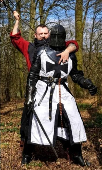 Medieval Knight Full Body Armor Costume, Black and White Steel, Templar Cross Design with Surcoat, Helmet, Guards, Belt