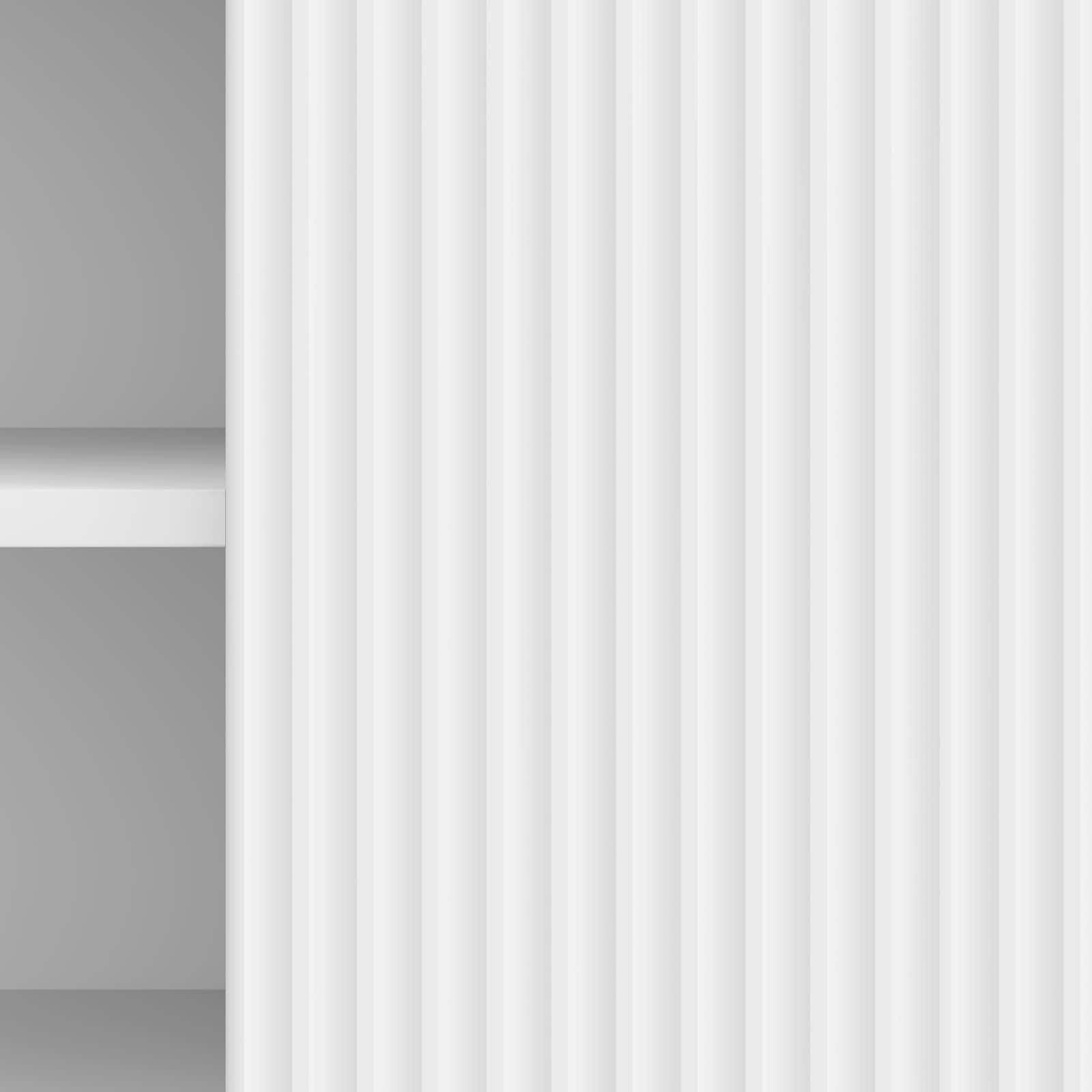 TV-Schränk Hochglanz Weiß aus Holzwerkstoff 150 x 31 x 50 cm mit 2 Schwenktüren und Brettregal, vielseitiger Fernsehtisch für Wohnzimmer, Stauraum für Mediengeräte und Gaming Zubehör