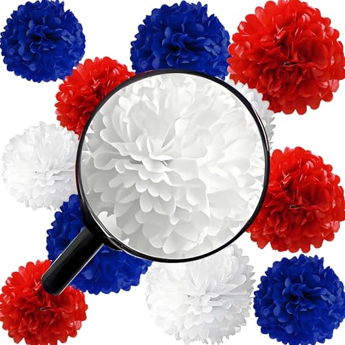 KUNYYI Red White and Blue Tissue Paper Pom poms 12pcs Flowers Balls Decorations are Perfect for 12 Pcs 4th of July Patriotic Theme Graduation Birthday Wedding Nautical