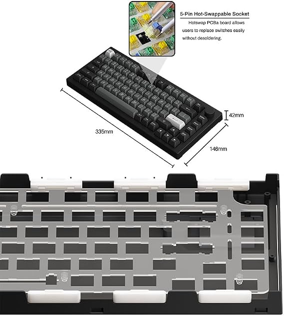 Akko 5075B Plus Mechanical Keyboard 75% Percent RGB Hot-swappable Creamy Keyboard with Knob, Black & Silver Theme with PBT Double Shot ASA Profile Keycaps V3 Creamy Yellow Pro Switch