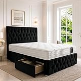 SANA SLEEP Sleek King Bed 5FT with Headboard & Footboard - Black Plush Finish - Includes Pocket Sprung Multi-Zone Mattress & 2 Drawers - Sturdy Divan Design for Compact Bedrooms