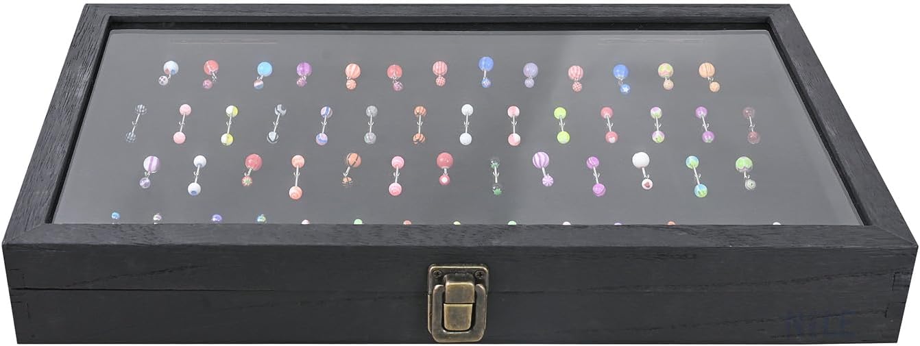 MOOCA Temper Glass Top Jewelry Display Case with Tempered Glass Lid and 54 Clip Body Jewelry Showcase Display Pad for Belly Button Rings, Tongue Rings, and Industrial Barbell Organizer, Black Color