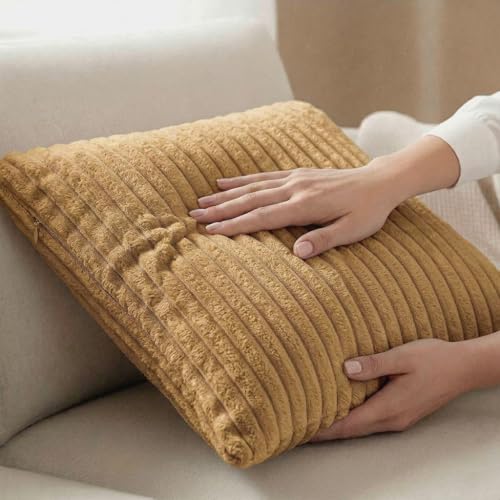 Image of Yellow Weaves Pencil-Stripe Fur Cushion Covers | Soft Polyester | Decorative Sofa & Throw Pillow Covers | 16x16 Inches, Pack of 5 (Golden Brown)