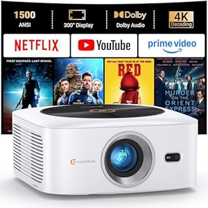 Smart 4K Decoding Projector Compatible with Netflix, 1500 ANSI Projector with WiFi and Bluetooth, Outdoor Movie Projector, Auto Focus, Dolby Sound, Built-in Apps,Portable Home Theater for Phone/PC/PS5