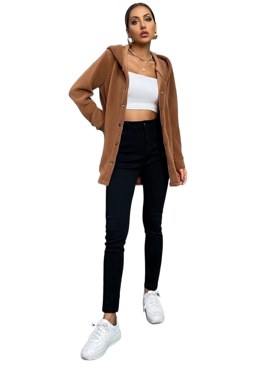 ZHQHYQHHX Snap Button Front Hooded Teddy Coat (Color : Brown, Size : M)