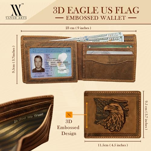 Leather Wallets For Men- 3D Embossed Eagle with USA Flag Design Bifold Leather Wallet With RFID Protection Two Cash Pockets, Two Hidden Slots And Nine Card Slots (Vintage Tan)3