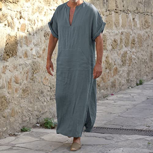 Kaftan Thobe Mens Short Sleeve V-Neck Linen Robe Big and Tall Muslim Robe Casual Loose Lightweight Long Sleeping Gown3