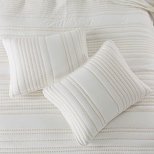 Hiaruo King Quilt Bedding Set, Striped Coverlet Bedspread (104X90 Inch) With 2 Pillow Shams (20X36 Inch) For All Season, White/Gold #TOP4