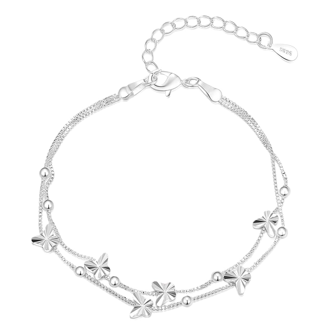 HSIXHAF 1 pcs Pulsera de plata 925 para mujer, mariposas, pulsera para mujer con perlas, pulsera ajustable en capas, pulseras la amistad, regalos para mujeres, 17,7 pulgadas, Con caja de regalo negra