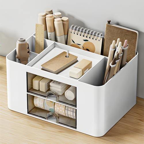 QUAHOO Desk Organiser Drawers, 2 Drawers Desk Tidy Organiser, Large Capacity Pencil Pen Holder Multifunctional Organizer for Desk Accessories