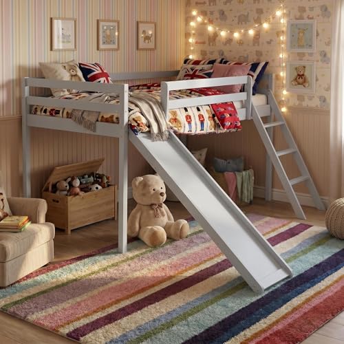 Panana Loft Bunk Bed with Slide 3FT Single Bed Frame Wood cabin Bed for Kids (Grey 02 Type)