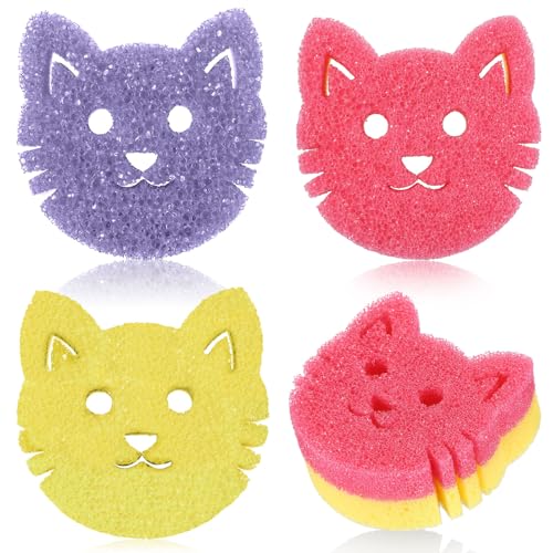 Image of FillTouch 3 Pcs Dual Sided Scrub Sponge Multi Functional Cute Temperature Sensitive Non Scratch Dish Sponge for Washing Dishes Kitchen Bathroom(Cat,Pink, Yellow, Purple)