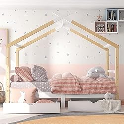 Sweiko Cama infantil de 90 x 200 cm, cama con 2 cajones, madera maciza de pino, cama con somier para niños y adolescentes, sin colchón
