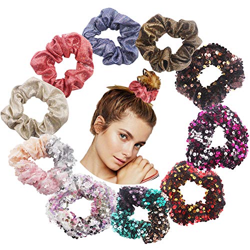 10PCS Girls Hair Scrunchies Sparkly Glitter Scrunchies Soft Elastic Hair Bands Glitter Hair Ties Ponytail Holder for Girls Women Teens