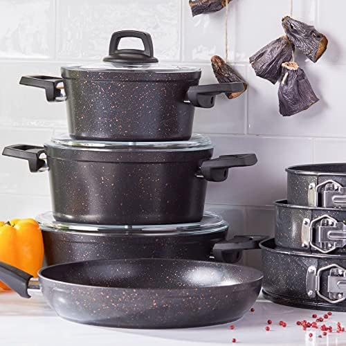 Karaca BioGranit BlackGold 7 Pieces Cookware Set, Natural Granite, Healthy Non-Stick Coating, 7X More Resistant Against Scratches, Pan Pot Saucepan and Cake Tin Set, Convenient, Easy to Clean