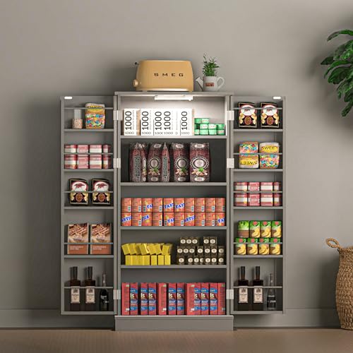 LED Kitchen Pantry Storage Cabinets - 50 Inch FreeStanding Food Cabinet, Buffet Cupboards with 2 Doors and Shelves Adjustable for Small Space in Dinning Room, Living Room, in Grey 7 LED Kitchen Pantry Storage Cabinets - 50 Inch FreeStanding Food Cabinet, Buffet Cupboards with 2 Doors and Shelves Adjustable for Small Space in Dinning Room, Living Room, in Grey - Image 5