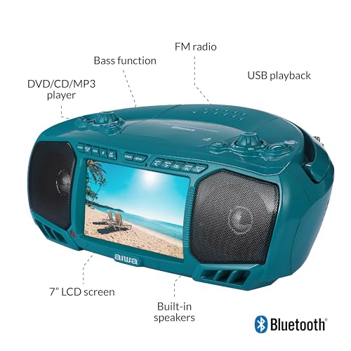 Aiwa Portable Boombox, Crystal Clear Sound with 3W x 2 Speakers and Bass Function, Featuring a 7" LCD Display, Bluetooth Connectivity, FM Radio, CD/DVD Player, Streaming on Roku and Amazon Firestick