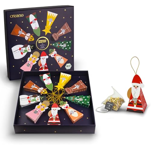 Creano Bio Wintertee Geschenkset „Niedliche Weihnachtsfiguren“ - 9 Pyramiden-Teebeutel in 9 unterschiedlichen Sorten - 22,5g - Weihnachtstee