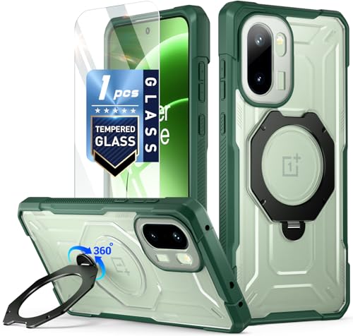 Poetic Funda para OnePlus 15R, soporte de anillo magnético giratorio de 360°, cubierta de protección de grado militar a prueba de caídas, protector de pantalla de vidrio templado, funda translúcida