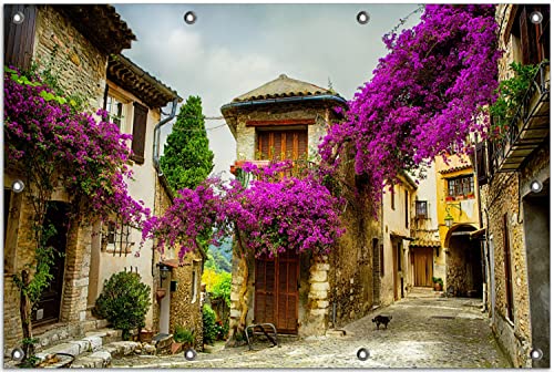Wallario Outdoor-Poster für Garten oder Balkon Malerische Stadt in der Provence mit bunten Blumen, Motivbanner Größe: ca. 80 x 120 cm, Outdoor-Bild