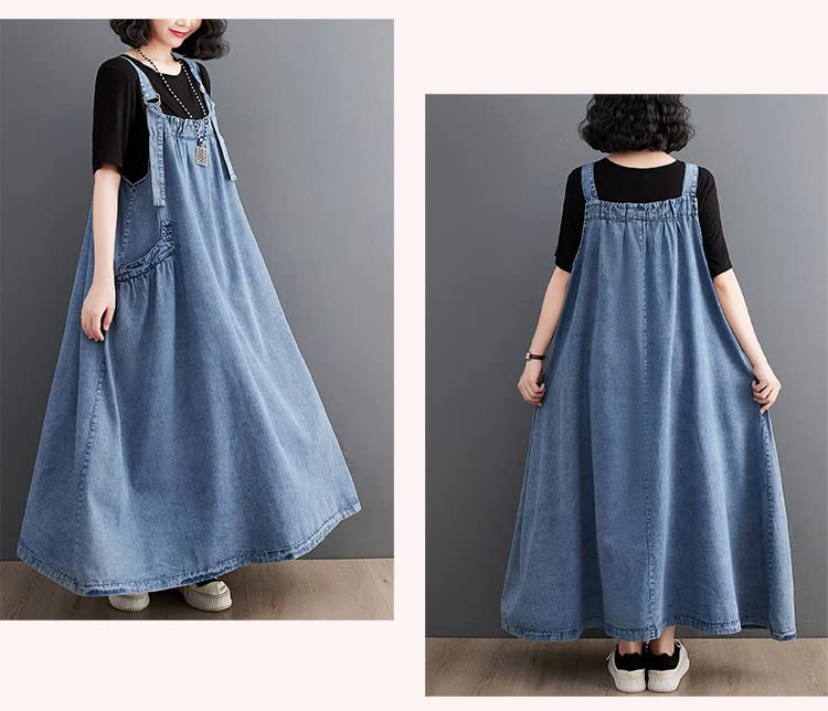 Denim Jumper Dress for Women Loose Version Baggy Style Maxi Length Adjustable Straps Wide Hemline4