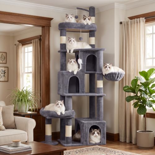 Image of 74 Inch Heavy Duty Cat Tree for Large Cats, Multi-Cat Tower with 3 Condos, Tall Cat Condo with XL Platform, Hanging Basket & Sisal Scratching Posts, PMT04DG, Dark Grey