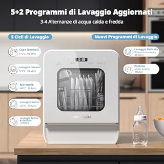 AIRMSEN Lavastoviglie Portatile, 7+2 Programmi, Serbatoio 5L, 4 Coperti, Design Ultra-Stretto 37x50cm, Avvio Ritardato 1-24H Doppio Getto 360°, Con/Senza Tubo Per Cucina, Appartamento,Bianco (Bianco)