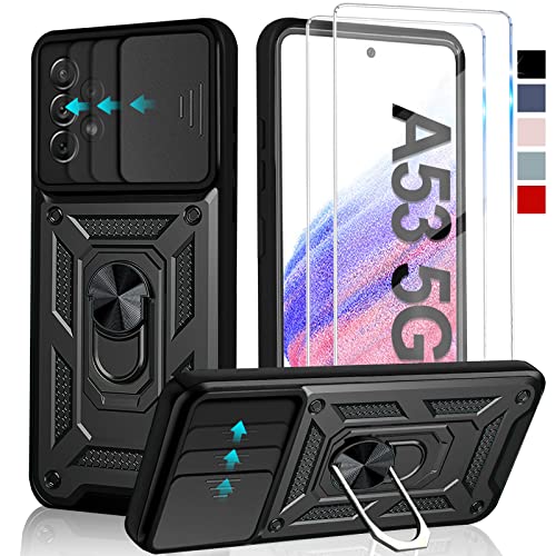Croazhi Kameraschutz Handyhülle für Samsung Galaxy A53 5G Hülle mit Schutzfolie *2 pcs, 360 Grad Metal Ring Halter Standard Stoßfest Schutzhülle Case Cover für Samsung A53 Panzerglas, Galaxy A53 Hülle Cover